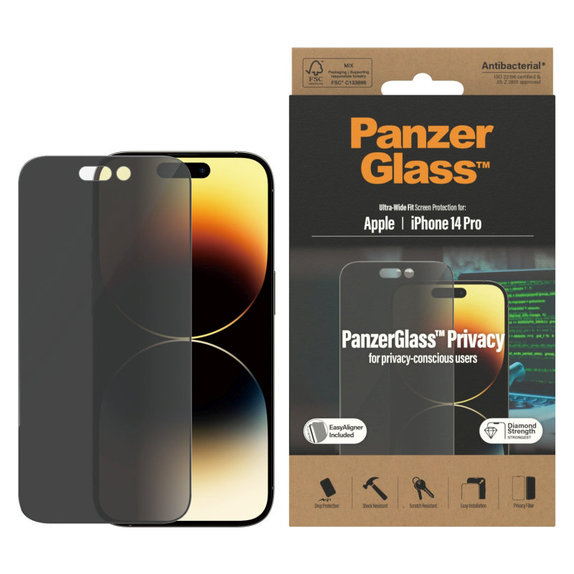 Tvrdené sklo UWF Privacy AB s aplikátorom pre iPhone 14 Pro, Čierna, PanzerGlass