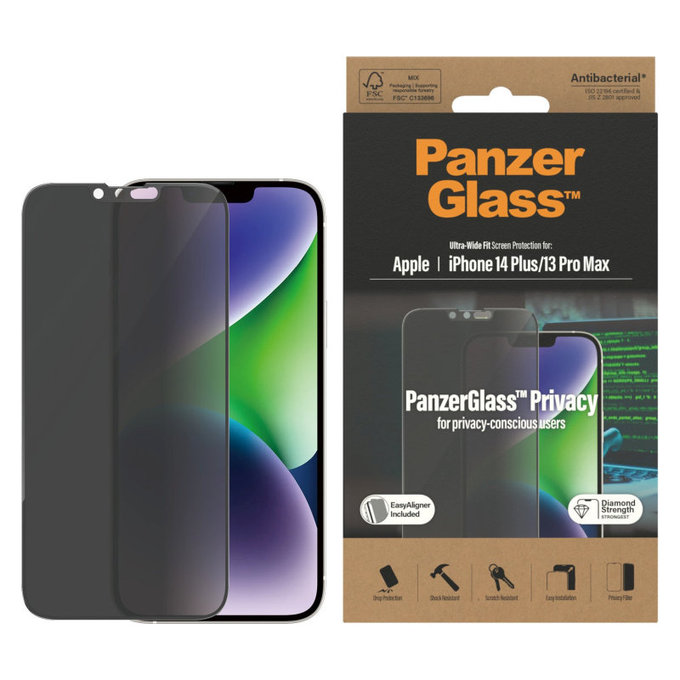 Tvrdené sklo UWF Privacy AB s aplikátorom pre iPhone 14 Plus/13 Pro Max, Čierna, PanzerGlass