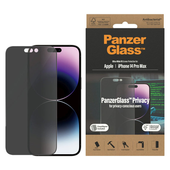 Tvrdené sklo UWF Privacy AB s aplikátorom pre iPhone 14 Pro Max, Čierna, PanzerGlass