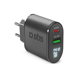 SBS - 20W Nabíjací Adaptér s LCD USB, USB-C, PowerDelivery, čierna