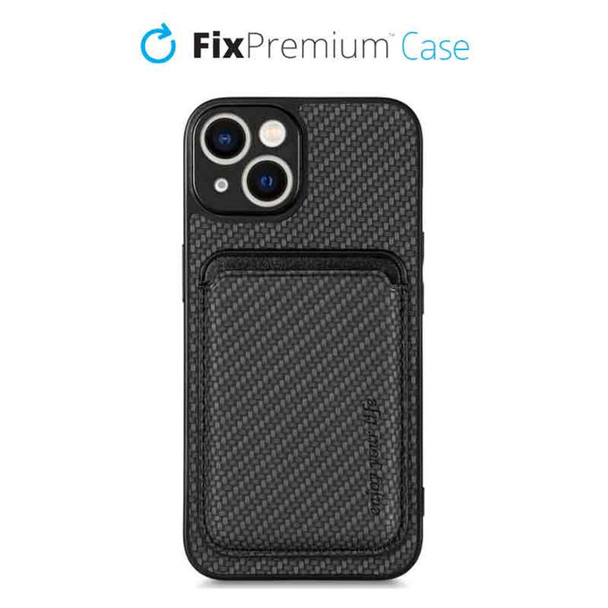 FixPremium - Puzdro Carbon s MagSafe Wallet pre iPhone 13 mini, čierna