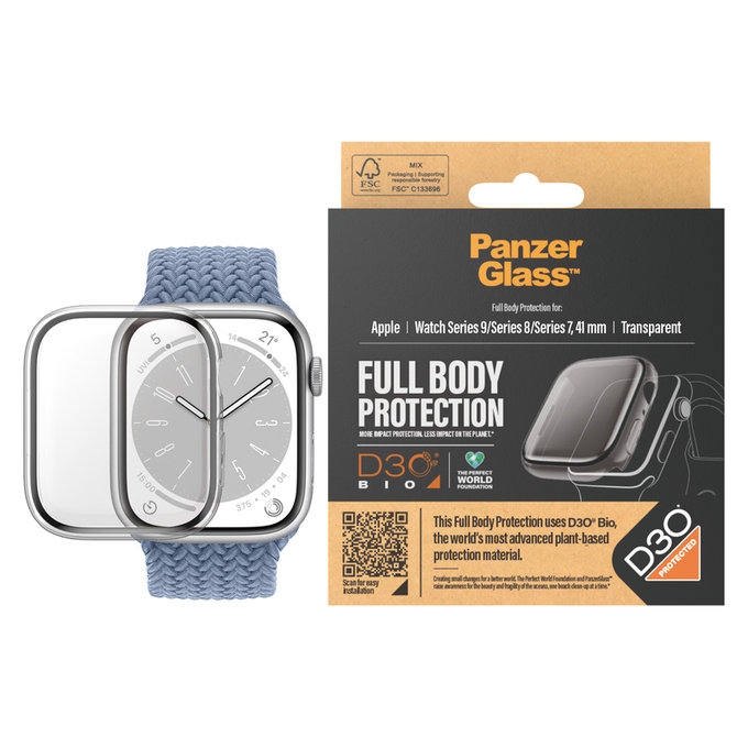 Tvrdené sklo Full Body D3O pre Apple Watch 9/8/7 41 mm, Transparentná, PanzerGlass