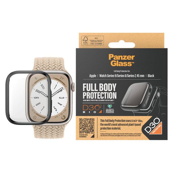 Tvrdené sklo Full Body D3O pre Apple Watch 9/8/7 45 mm, Čierna, PanzerGlass