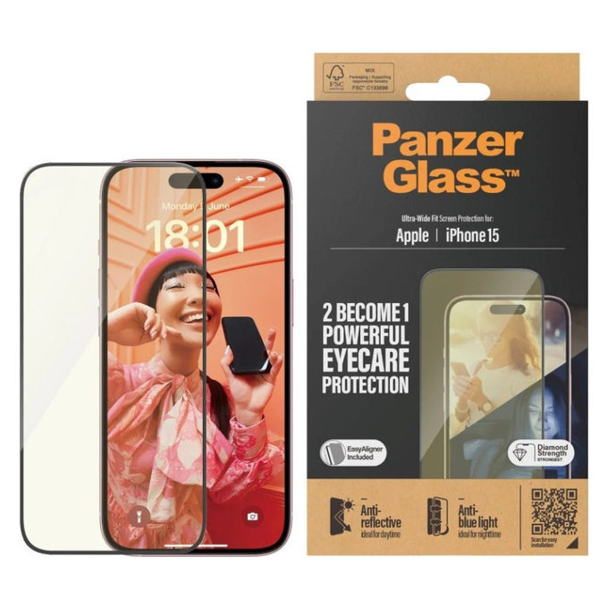 Tvrdené sklo UWF Eyecare s aplikátorom pre iPhone 15, Čierna, PanzerGlass