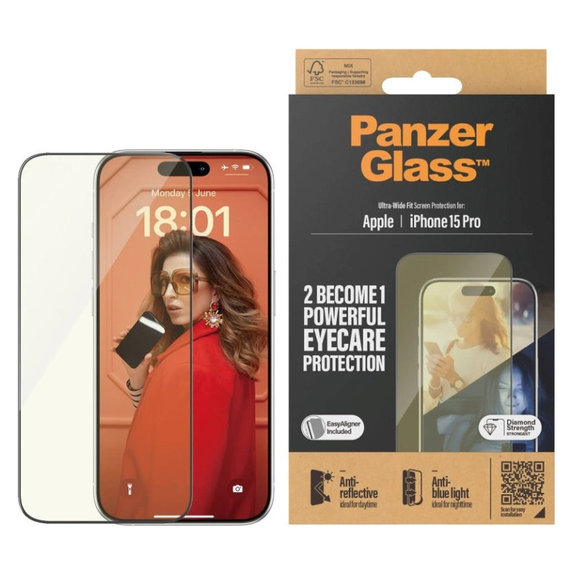 Tvrdené sklo UWF Eyecare s aplikátorom pre iPhone 15 Pro, Čierna, PanzerGlass