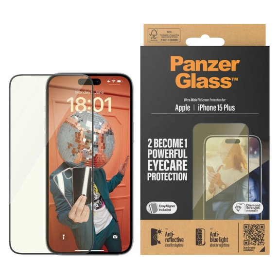 Tvrdené sklo UWF Eyecare s aplikátorom pre iPhone 15 Plus, Čierna, PanzerGlass