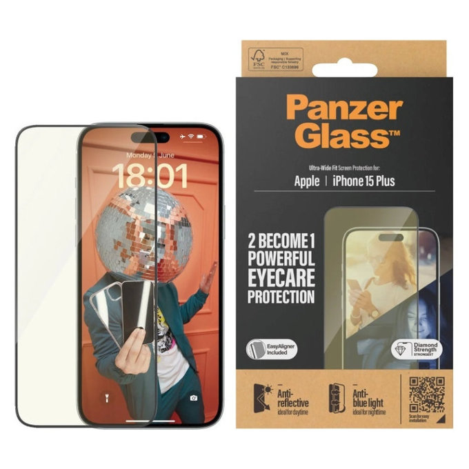 Tvrdené sklo UWF Eyecare s aplikátorom pre iPhone 15 Plus, Čierna, PanzerGlass