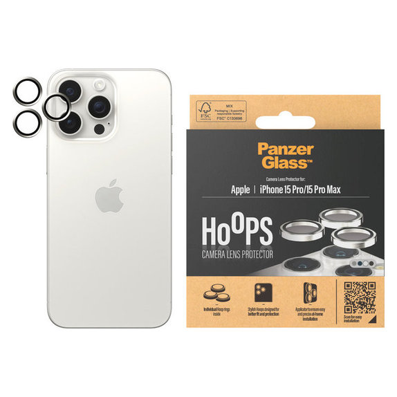Ochranný kryt objektívu Hoops pre iPhone 15 Pro/15 Pro Max, White Metal, PanzerGlass