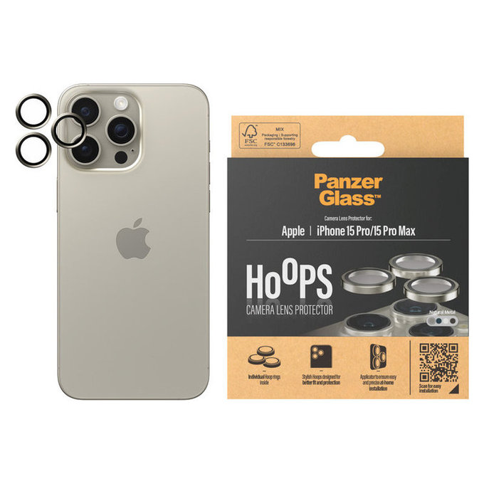Ochranný kryt objektívu Hoops pre iPhone 15 Pro/15 Pro Max, Natural Metal, PanzerGlass
