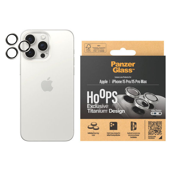 Ochranný kryt objektívu Hoops pre iPhone 15 Pro/15 Pro Max, White Titanium, PanzerGlass