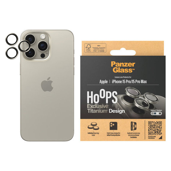 Ochranný kryt objektívu Hoops pre iPhone 15 Pro/15 Pro Max, Natural Titanium, PanzerGlass