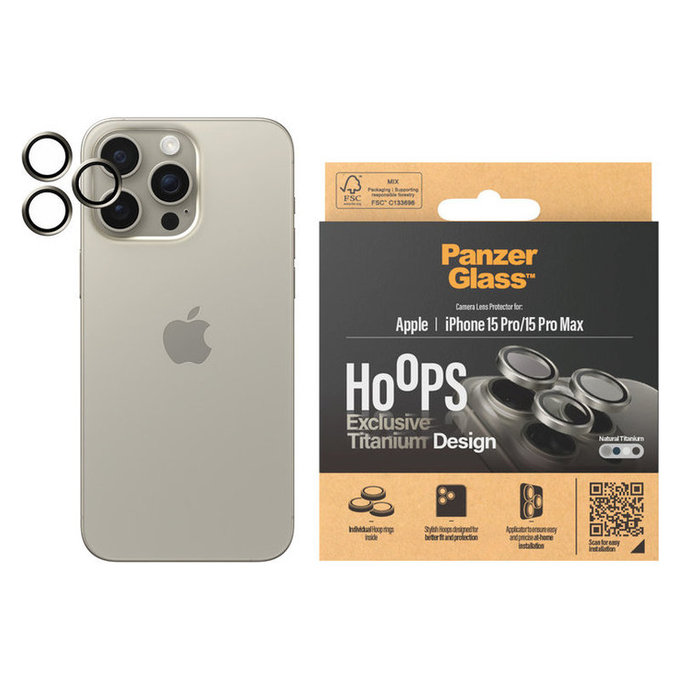 Ochranný kryt objektívu Hoops pre iPhone 15 Pro/15 Pro Max, Natural Titanium, PanzerGlass