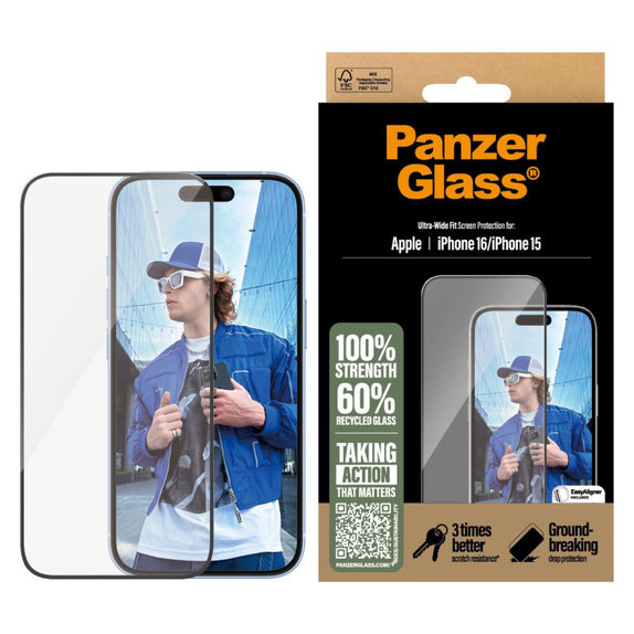 Tvrdené sklo UWF s aplikátorom pre iPhone 16/15, Čierna, PanzerGlass