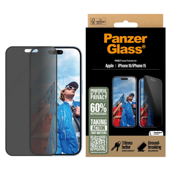 Tvrdené sklo UWF Privacy s aplikátorom pre iPhone 16/15, Čierna, PanzerGlass
