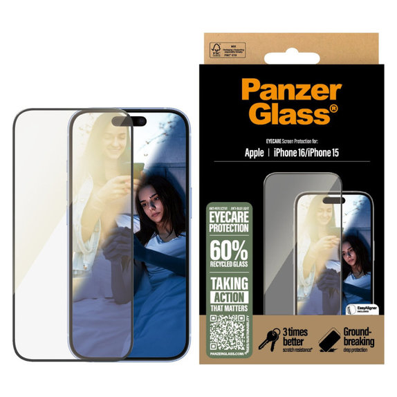 Tvrdené sklo UWF Eyecare s aplikátorom pre iPhone 16/15, Čierna, PanzerGlass