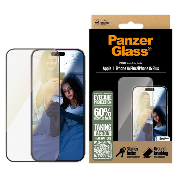 Tvrdené sklo UWF Eyecare s aplikátorom pre iPhone 16 Plus/15 Plus, Čierna, PanzerGlass