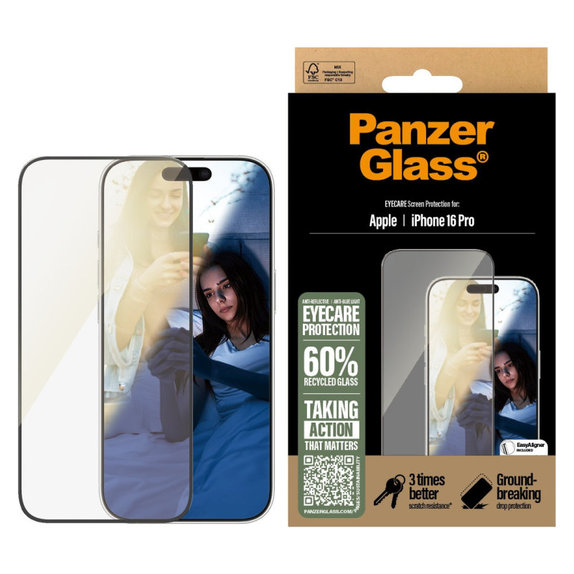 Tvrdené sklo UWF Eyecare s aplikátorom pre iPhone 16 Pro, Čierna, PanzerGlass
