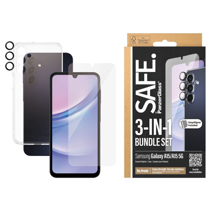 Bundle Ochranný kryt objektívu + Tvrdené sklo UWF + Puzdro TPU pre Samsung A15 5G, SAFE
