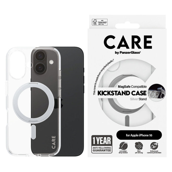 Puzdro Kickstand s MagSafe pre iPhone 16, Strieborná, CARE