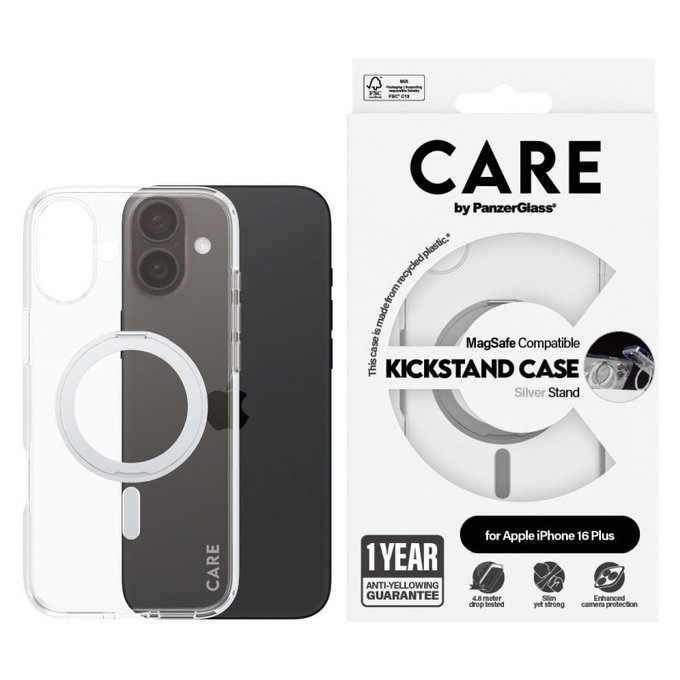 Puzdro Kickstand s MagSafe pre iPhone 16 Plus, Strieborná, CARE