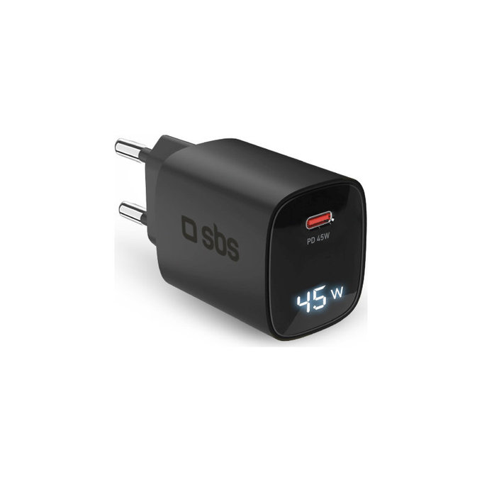 Cestovný adaptér LCD USB-C, GaN, 45 W PD, čierna, SBS