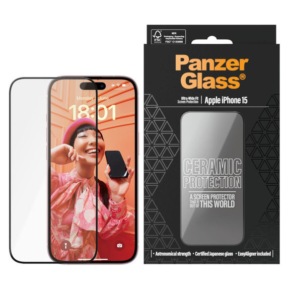 Tvrdené sklo UWF Ceramic s aplikátorom pre iPhone 15, Čierna, PanzerGlass
