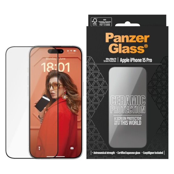 Tvrdené sklo UWF Ceramic s aplikátorom pre iPhone 15 Pro, Čierna, PanzerGlass