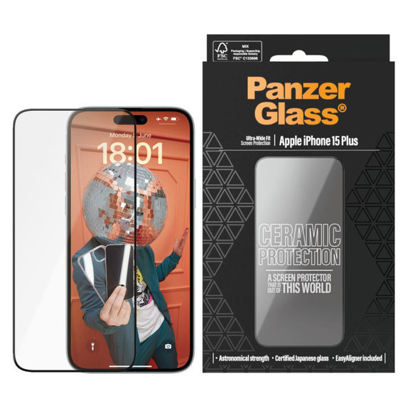 Tvrdené sklo UWF Ceramic s aplikátorom pre iPhone 15 Plus, Čierna, PanzerGlass