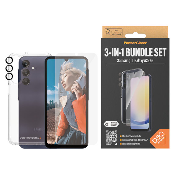 Bundle Hoops + Tvrdené sklo UWF + Hard Case D3O pre Samsung Galaxy A25 5G, Transparentná, PanzerGlass