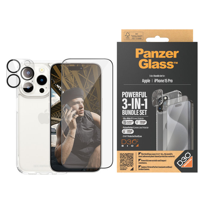Bundle PicturePerfect + Tvrdené sklo UWF + Hard Case D3O pre iPhone 15 Pro, PanzerGlass