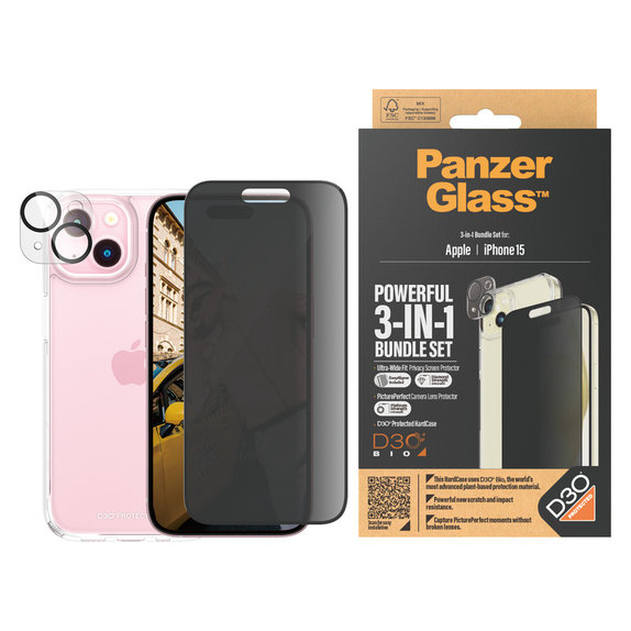 Bundle PicturePerfect + Tvrdené sklo UWF Privacy + Hard Case D3O pre iPhone 15, PanzerGlass