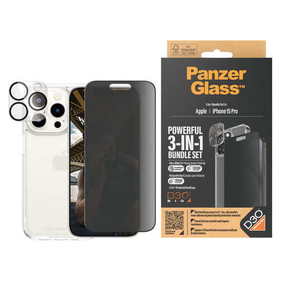 Bundle PicturePerfect + Tvrdené sklo UWF Privacy + Hard Case D3O pre iPhone 15 Pro, PanzerGlass