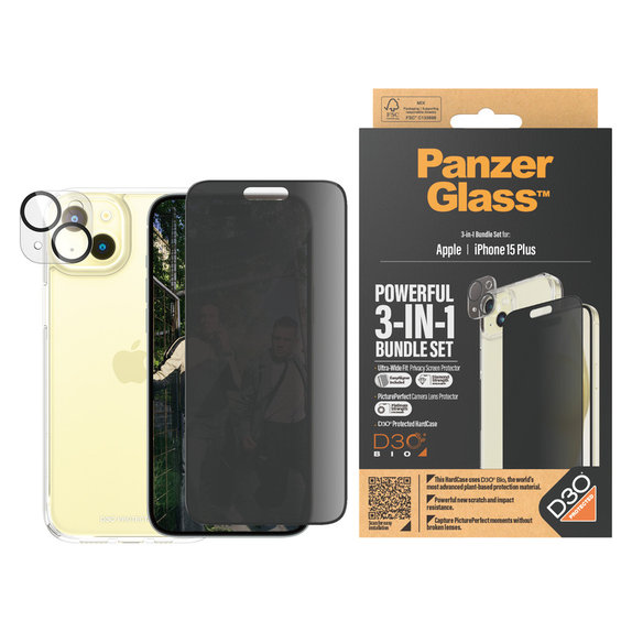 Bundle PicturePerfect + Tvrdené sklo UWF Privacy + Hard Case D3O pre iPhone 15 Plus, PanzerGlass