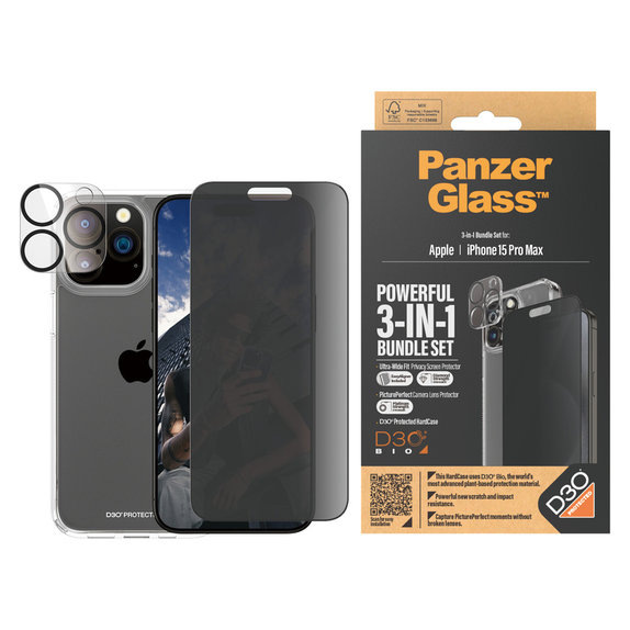 Bundle PicturePerfect + Tvrdené sklo UWF Privacy + Hard Case D3O pre iPhone 15 Pro Max, PanzerGlass