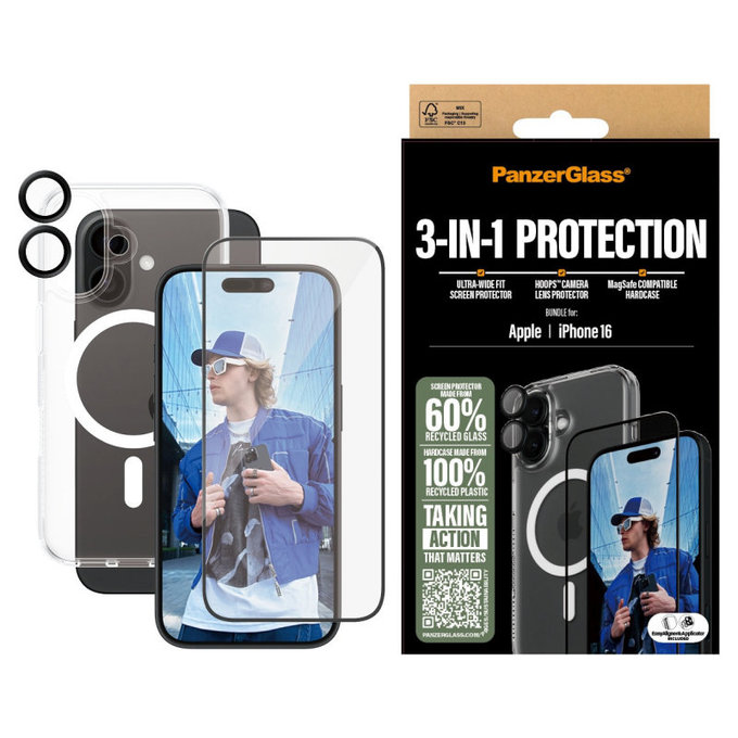 Bundle 3v1 Hoops + Tvrdené sklo UWF + Hard Case pre iPhone 16, PanzerGlass