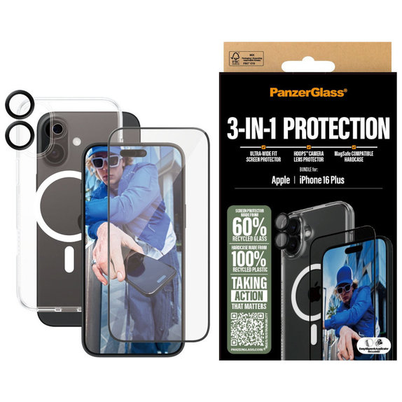 Bundle Hoops + Tvrdené sklo UWF + Hard Case pre iPhone 16 Plus, PanzerGlass