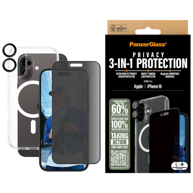 Bundle Hoops + Tvrdené sklo UWF Privacy + Hard Case pre iPhone 16, PanzerGlass