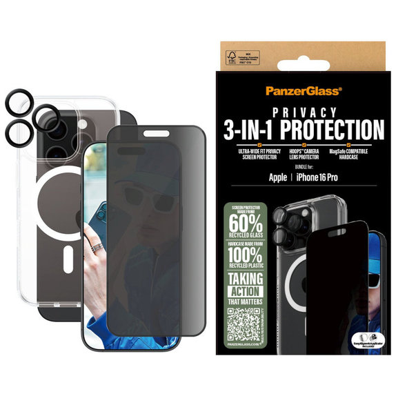 Bundle Hoops + Tvrdené sklo UWF Privacy + Hard Case pre iPhone 16 Pro, PanzerGlass