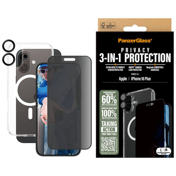 Bundle Hoops + Tvrdené sklo UWF Privacy + Hard Case pre iPhone 16 Plus, PanzerGlass