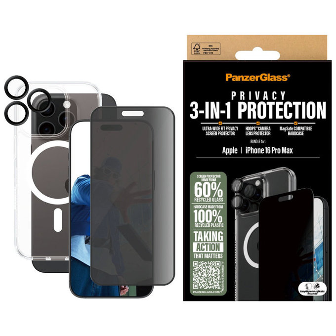 Bundle Hoops + Tvrdené sklo UWF Privacy + Hard Case pre iPhone 16 Pro Max, PanzerGlass