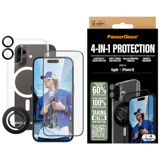 Bundle Hoops + Tvrdené sklo UWF + Hard Case + Magnetic Ring Mount pre iPhone 16, PanzerGlass