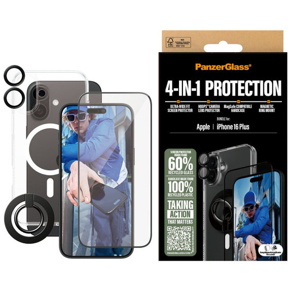 Bundle Hoops + Tvrdené sklo UWF + Hard Case + Magnetic Ring Mount pre iPhone 16 Plus, PanzerGlass