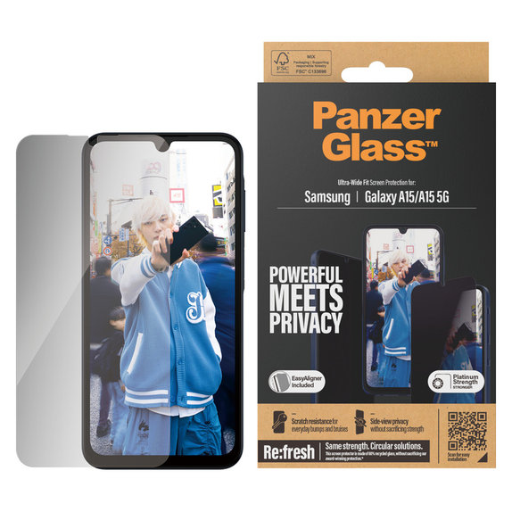 Tvrdené sklo UWF Privacy s aplikátorom pre Samsung Galaxy A15/A15 5G, Čierna, PanzerGlass