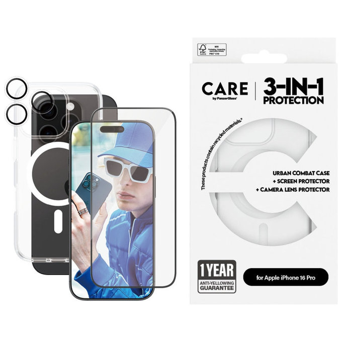 Bundle Hoops + Tvrdené sklo UWF + Puzdro Urban Combat pre iPhone 16 Pro, CARE