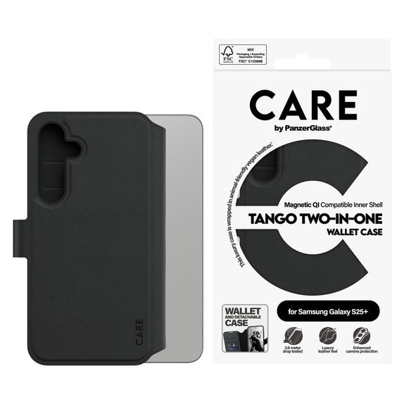 Puzdro Wallet Tango Two-In-One s QI pre Samsung Galaxy S25+, Čierna, PanzerGlass