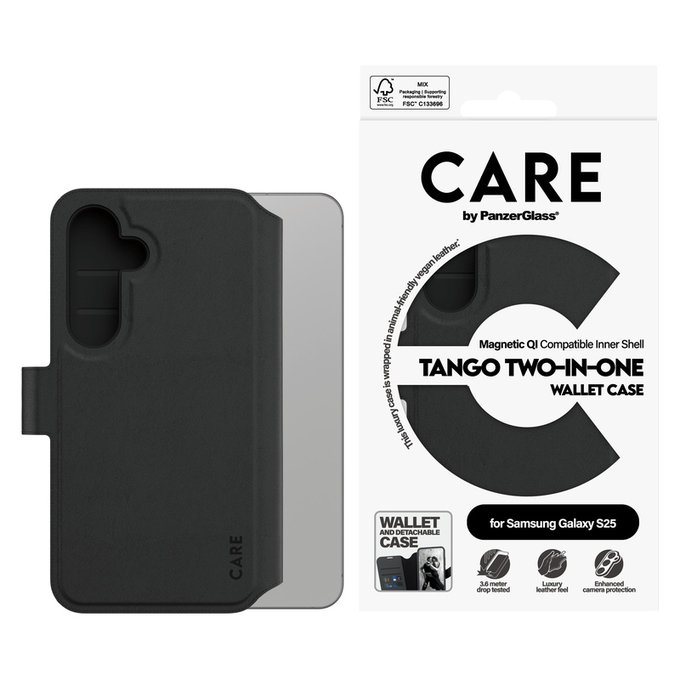 Puzdro Wallet Tango Two-In-One s QI pre Samsung Galaxy S25, Čierna, PanzerGlass