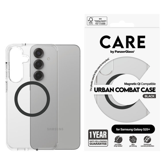 Puzdro Urban Combat s čiernym QI pre Samsung Galaxy S25+, Transparentná, PanzerGlass