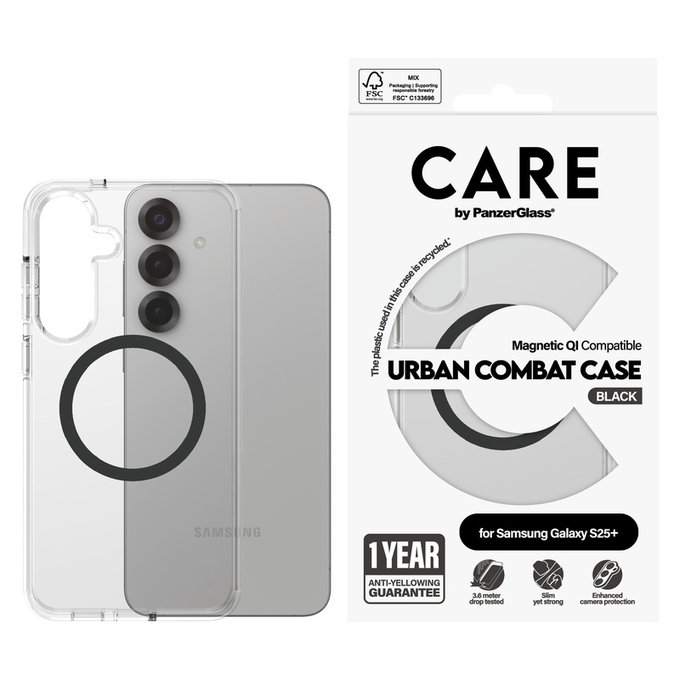 Puzdro Urban Combat s čiernym QI pre Samsung Galaxy S25+, Transparentná, PanzerGlass