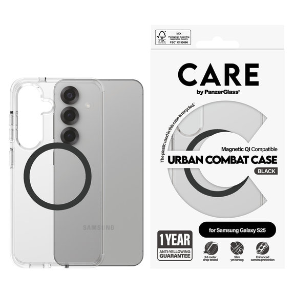 Puzdro Urban Combat s čiernym QI pre Samsung Galaxy S25, Transparentná, PanzerGlass
