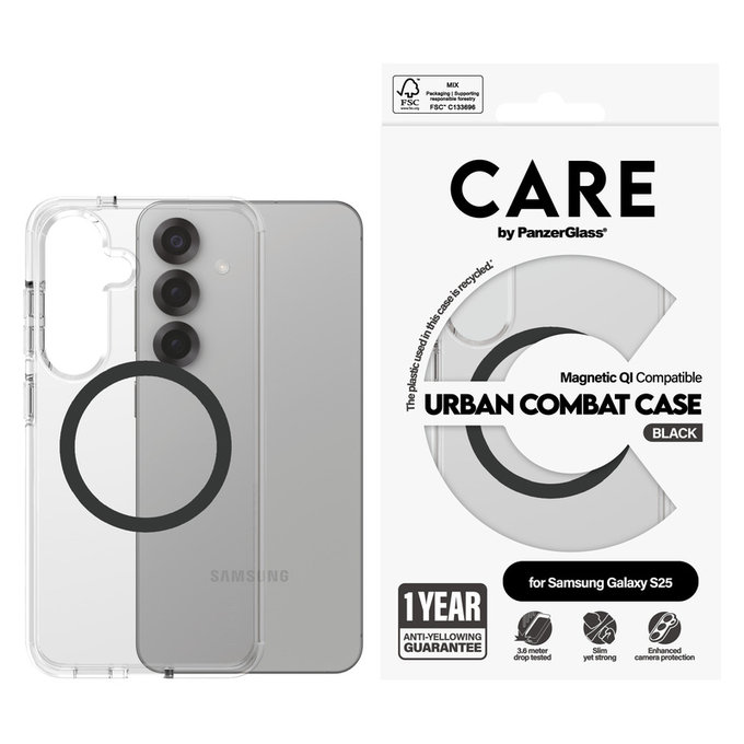 Puzdro Urban Combat s čiernym QI pre Samsung Galaxy S25, Transparentná, PanzerGlass